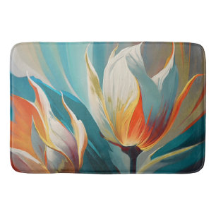 Abstraktes florales Leuchten in Türkis und Orange Badematte