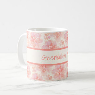 Abstraktes florales Wasserfarbmuster Pfirsich und Kaffeetasse