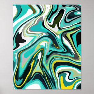 Abstraktes Fluid Muster in Aquamarin und schwarz Poster