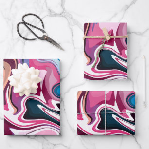 Abstraktes Fluid Swirl Kunst in Rosa, Weiß und Bla Geschenkpapier Set