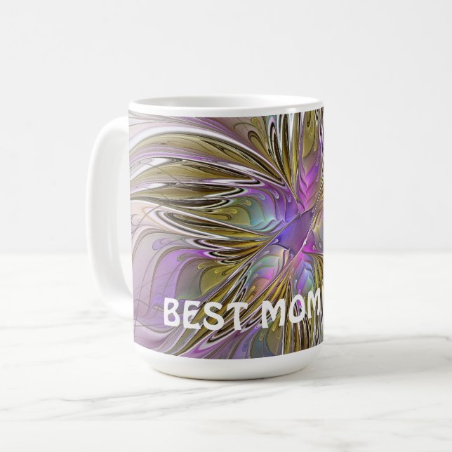 Abstraktes Fraktal mit rosa und goldfarbener Mama Kaffeetasse (Vorderseite Links)