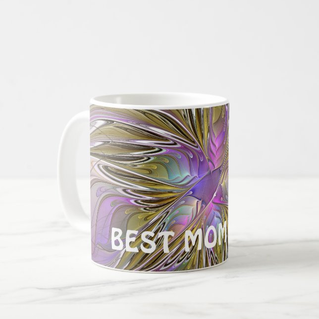 Abstraktes Fraktal mit rosa und goldfarbener Mama Kaffeetasse (Vorderseite Links)