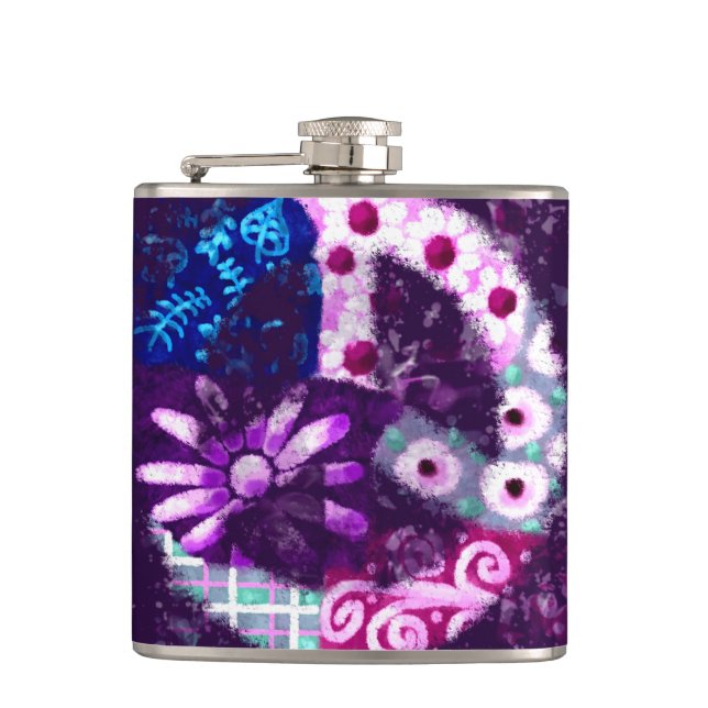 Abstraktes Friedenszeichen Hippie Art Lila Pink Bl Flachmann (Vorderseite)