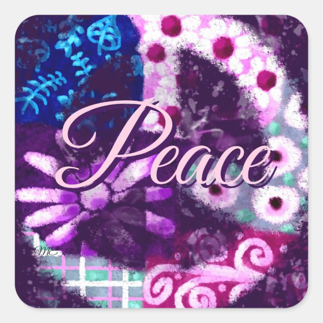 Abstraktes Friedenszeichen Hippie Art Lila Pink Bl Quadratischer Aufkleber (Vorderseite)