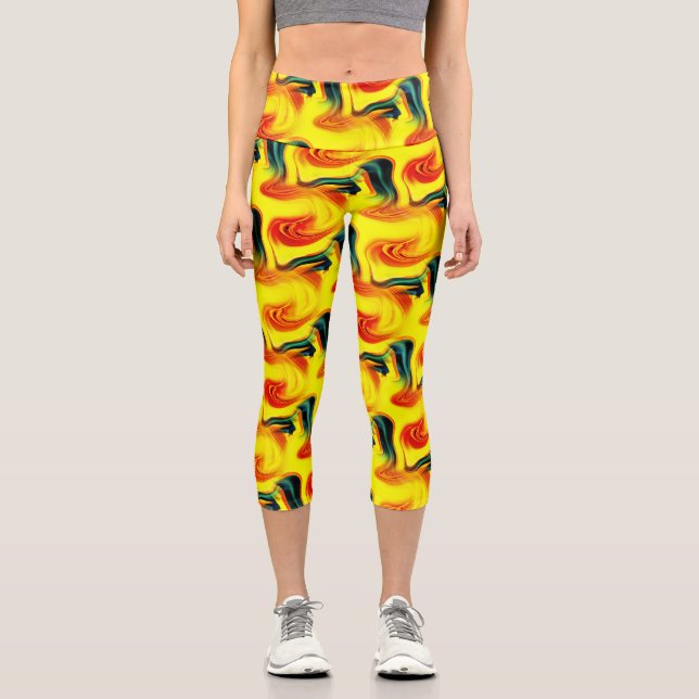 Abstraktes Gelb- und Grünmuster Capri Leggings (Vorderseite)