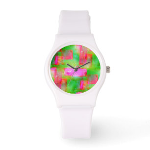 Abstraktes gemaltes Gelb des Sonnenlichts, rosa Armbanduhr