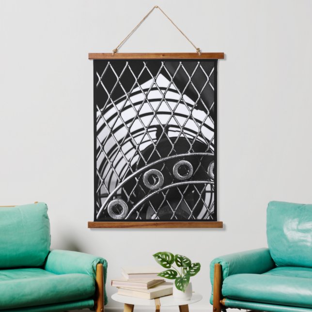 Abstraktes geometrisches Foto aus Schwarz und Weiß Wandteppich Mit Holzrahmen (Wohnzimmer)