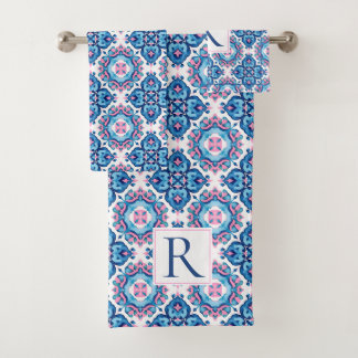 Abstraktes geometrisches mediterranes rosa Fliesen Badhandtuch Set