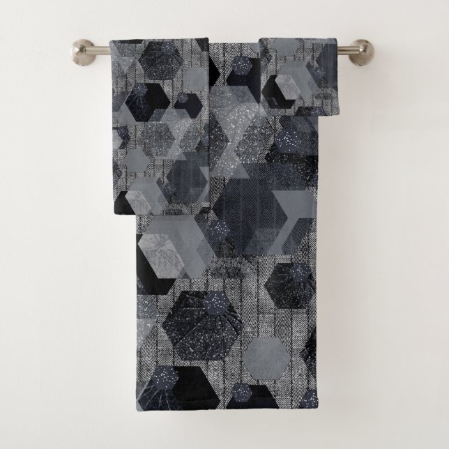Abstraktes geometrisches Muster, schwarz und grau. Badhandtuch Set (Insitu)