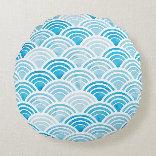 Abstraktes geometrisches nahtloses Muster mit blau Rundes Kissen (Vorderseite)