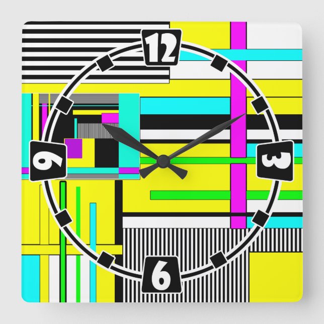 Abstraktes geometrisches Neonmuster Quadratische Wanduhr (Vorderseite)