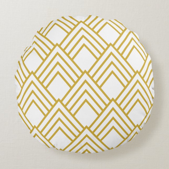 Abstraktes geometrisches, weißes und goldfarbenes  rundes kissen (Vorderseite)