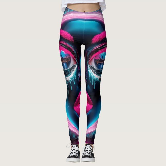 Abstraktes Gesicht Big Eyes Rote Lippen Nebel Pink Leggings (Vorderseite)