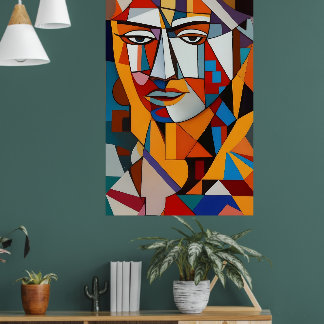 Abstraktes Gesicht Kubismus Rot Lila Blau Cool Poster