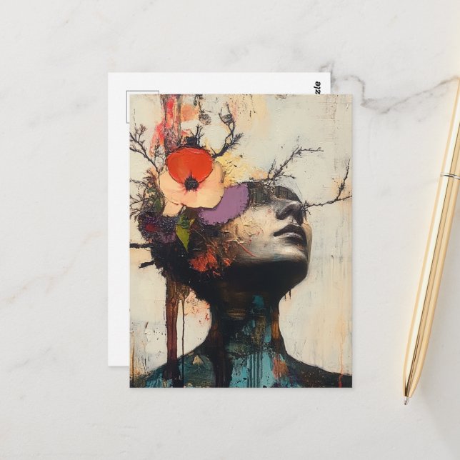 Abstraktes Gesicht und Blume Postkarte (Vorderseite/Rückseite Beispiel)
