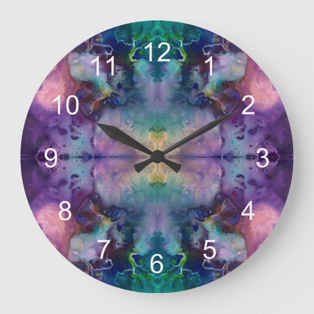 Abstraktes gewirbeltes rosa Lila und aquamarin Große Wanduhr (Vorderseite)