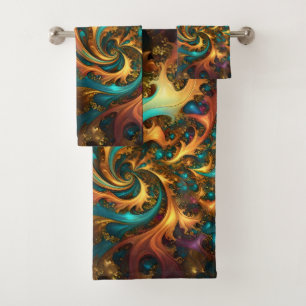Abstraktes Gold Aquamarine Orangenflamme, Badhandtuch Set