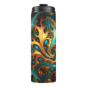 Abstraktes Gold Aquamarine Orangenflamme, Thermosbecher