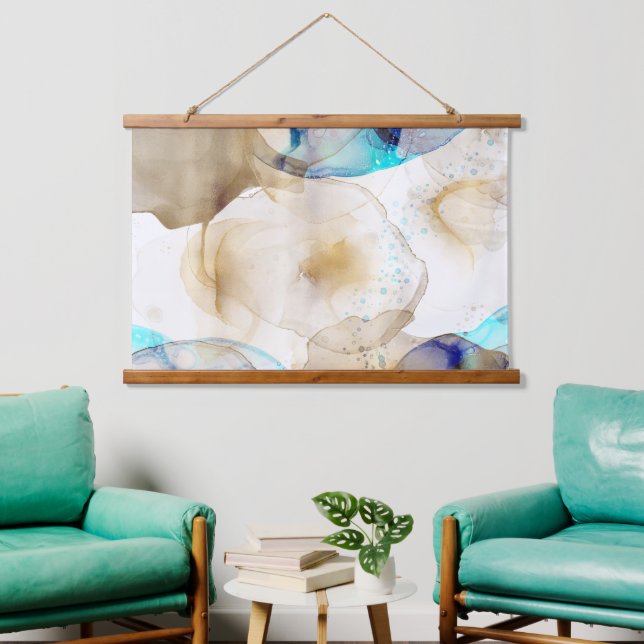 Abstraktes Gold Blue Fluid Art Malerei Wandteppich Mit Holzrahmen (Wohnzimmer)