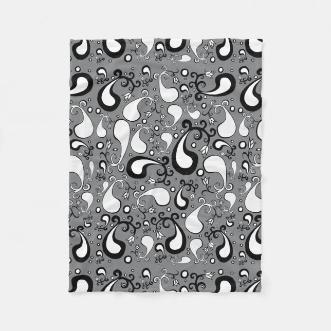 Abstraktes graues und weißes Tulip Paisley-Muster Fleecedecke (Vorderseite)