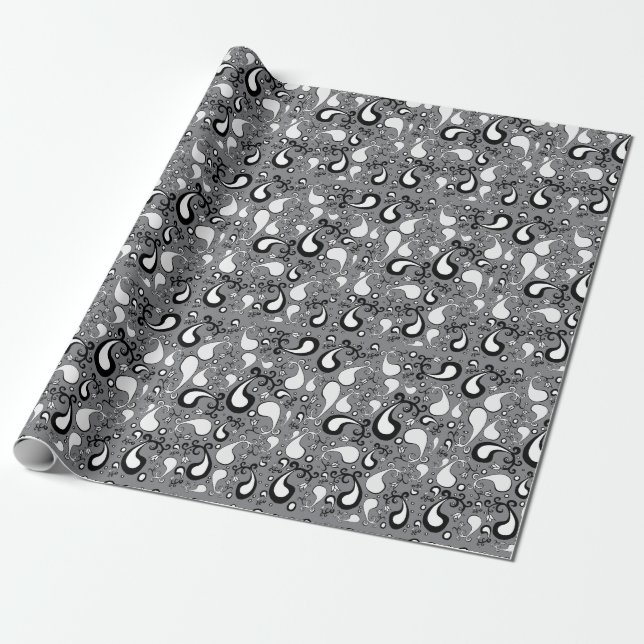 Abstraktes graues und weißes Tulip Paisley-Muster Geschenkpapier (Ungerollt)