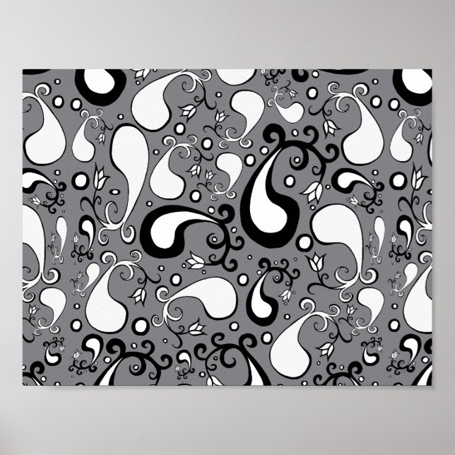 Abstraktes graues und weißes Tulip Paisley-Muster Poster (Vorne)