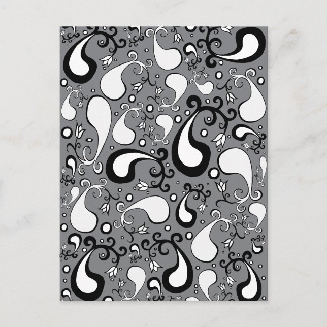 Abstraktes graues und weißes Tulip Paisley-Muster Postkarte (Vorderseite)