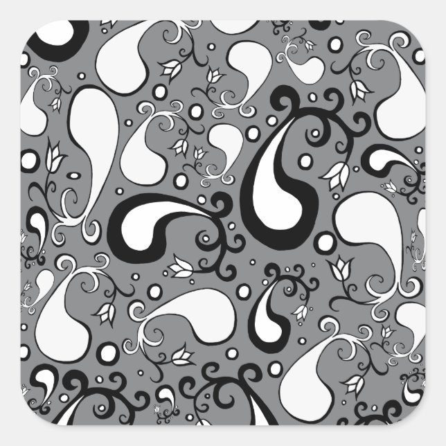 Abstraktes graues und weißes Tulip Paisley-Muster Quadratischer Aufkleber (Vorderseite)