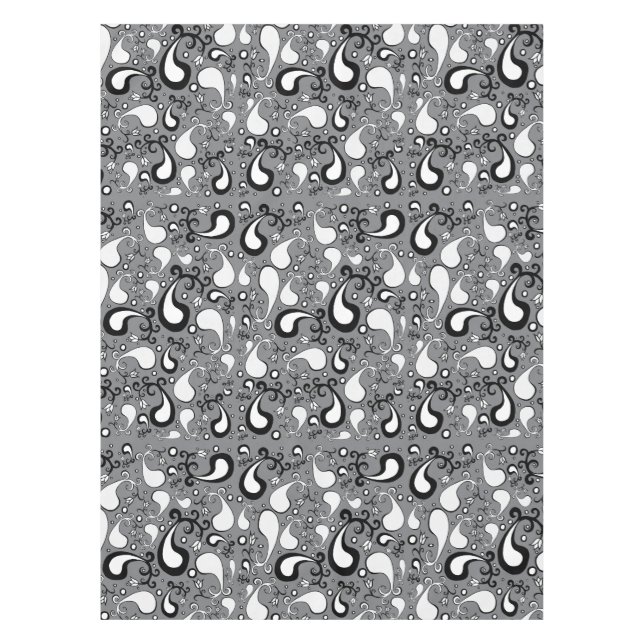 Abstraktes graues und weißes Tulip Paisley-Muster Tischdecke (Vorderseite)