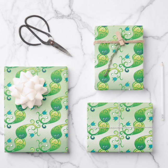 Abstraktes Green Tulip Boteh Blumenmuster Geschenkpapier Set (Vorderseite)