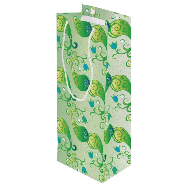 Abstraktes Green Tulip Boteh Blumenmuster Geschenktüte Für Weinflaschen (Rückseite Schrägansicht)