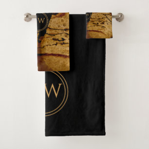 Abstraktes, helles Kupfer und Schwarzweiß-Monogram Badhandtuch Set