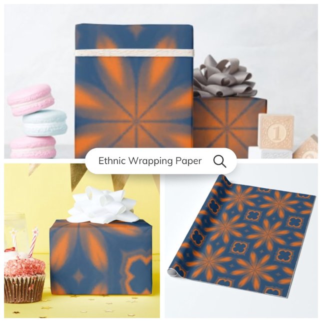 Abstraktes Kaleidoskop dunkelblau Geschenkpapier (Abstract floral kaleidoscope dark blue orange wrapping paper)