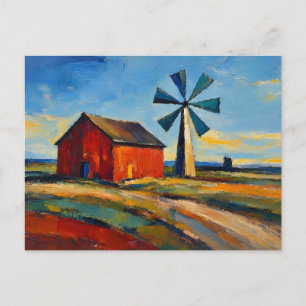 Abstraktes Kunstgemälde Rote Scheune und Windmühle Postkarte