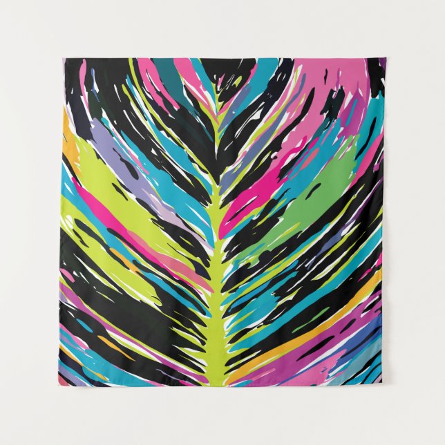 Abstraktes, lebendiges Multicolor Tropenblatt Wandteppich (Vorderseite)