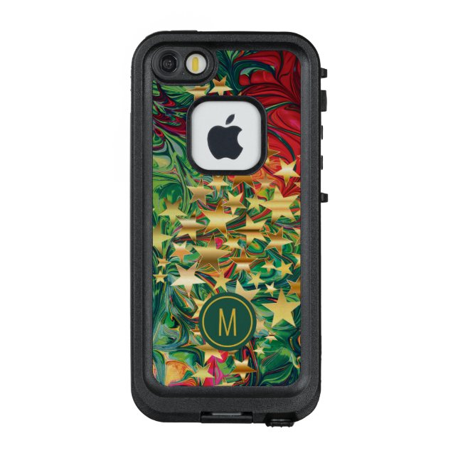 Abstraktes, lebendiges Red Green Gold Stars Monogr LifeProof iPhone Hülle (Rückseite)