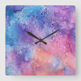 Abstraktes Lila Blue Mix Wolken Wasserfarben Kunst Quadratische Wanduhr