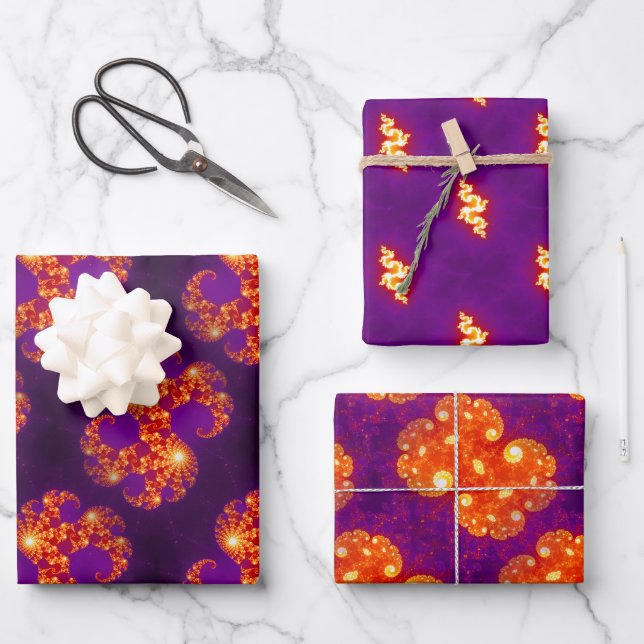 Abstraktes Lila Orange Fraktal Art Muster Geschenkpapier Set (Vorderseite)