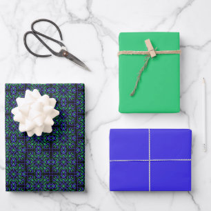 Abstraktes Linienmuster in Grün, Violett und Schwa Geschenkpapier Set
