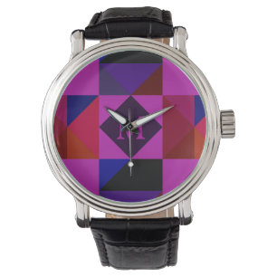 Abstraktes Magenta-Geometrisches Muster-Monogramm Armbanduhr