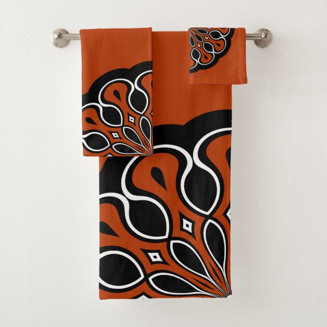 Abstraktes Mandala in Schwarz und Orange Badhandtuch Set (Insitu)