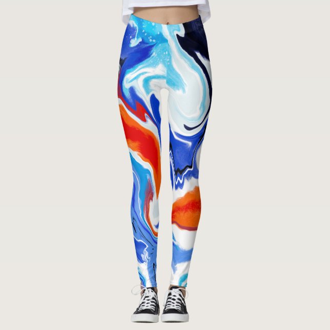 Abstraktes Marmorrot Orange Blaues Lila Muster Leggings (Vorderseite)
