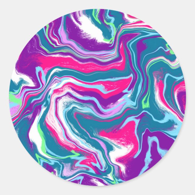 Abstraktes Marmorwasser in Rosa und Blau Kunst Runder Aufkleber (Vorderseite)