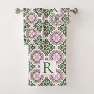 Abstraktes mediterranes grünes rosa Muster Badhandtuch Set