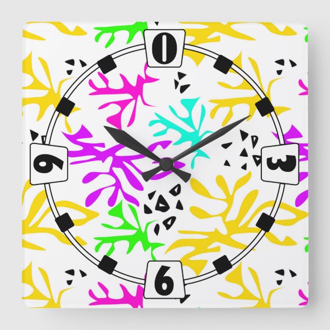 Abstraktes mehrfarbiges Neonmuster Quadratische Wanduhr (Vorderseite)