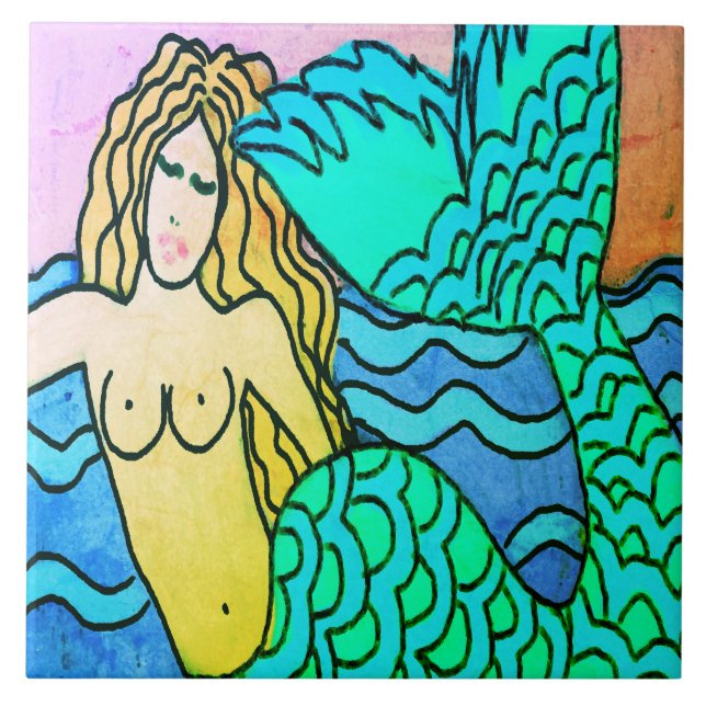 Abstraktes Mermaid-Gemälde in Deep Blue Sea Fliese (Vorderseite)