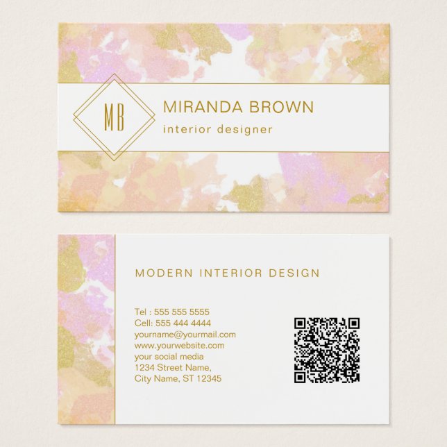 Abstraktes Modern Watercolor Logo Rosa Gold QR Cod (Vorne & Hinten)