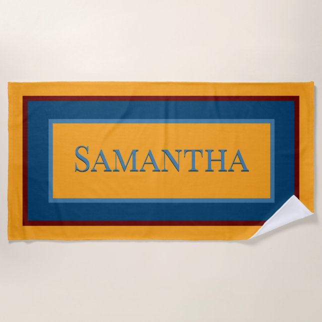 Abstraktes, modernes Gelbblau und Rot Monogramm Strandtuch (Vorderseite)