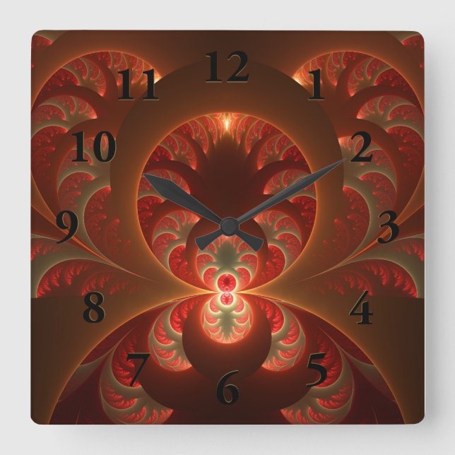 Abstraktes modernes, orangefarbenes Fraktal Quadratische Wanduhr (Vorderseite)