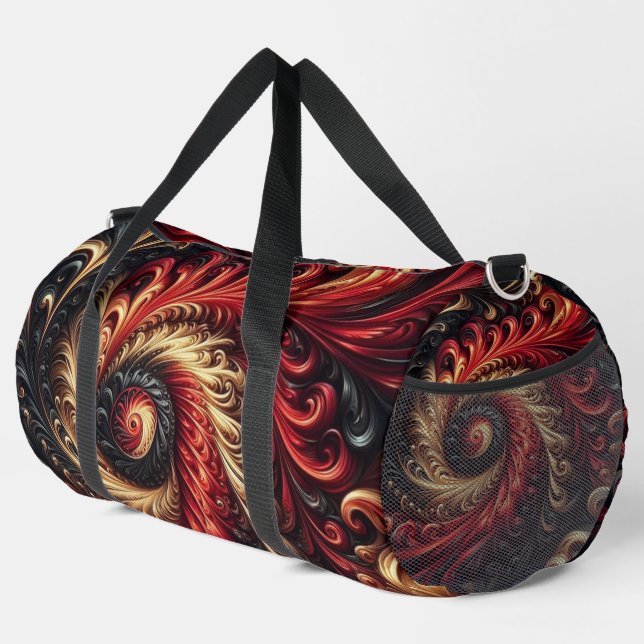 Abstraktes, modernes Rot, Schwarz und Gold Duffle Bag (Rechte Ecke)